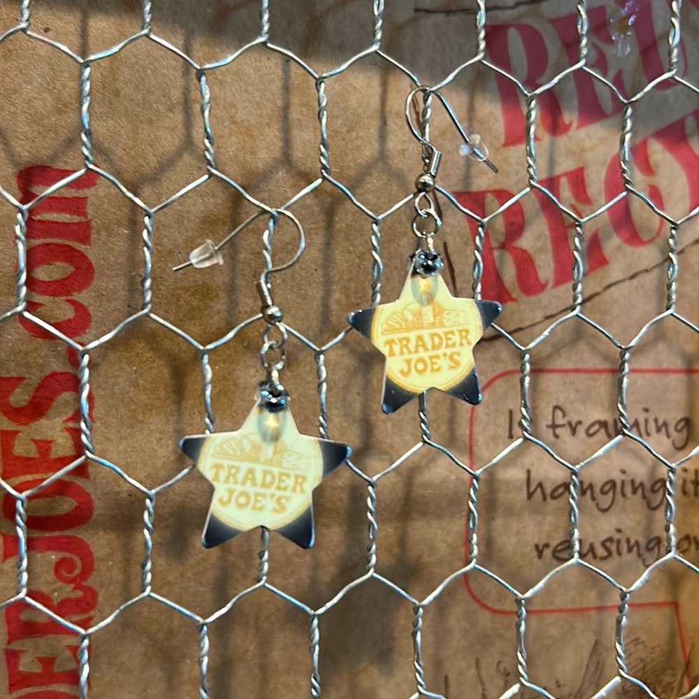 Trader Joe’s earrings made from recycled plastic gift cards.